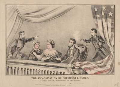Mordet på præsident Lincoln ved Fords Theatre, Washington, 1865 (håndkoloreret litografi) af N. and Ives, J.M. Currier