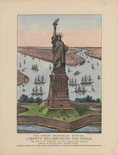 Den store Bartholdi-statue – Liberty Enlightening the World, 1885 (håndfarvet litografi) af N. and Ives, J.M. Currier
