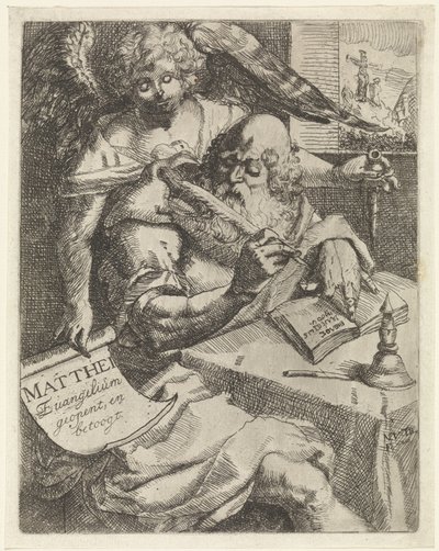 Evangelisten Matthæus Matthei Evangelium åbner og argumenterer (titel på objekt) Titelblad for: S. van Til, Het euangelium des H. Apostles Matthæi (...) åbnet med korte noter, 1687 af N. van Til