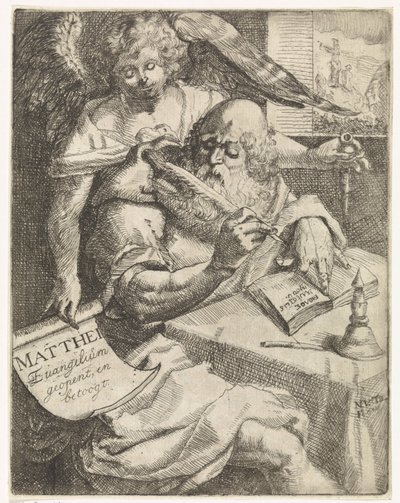 Evangelisten Matthæus Matthei Evangelium åbner og argumenterer (titel på objekt) Titelblad for: S. van Til, Het euangelium des H. Apostles Matthæi (...) åbnet med korte noter, 1687 af N. van Til