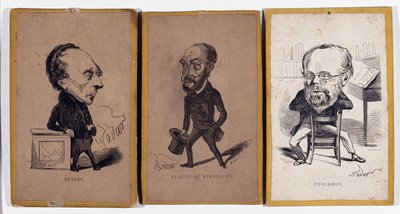 3 Portrætter (portrætladning): Francois Pierre Guillaume Guizot (1787-1874), fransk historiker og politiker, Charles Jean-Baptiste (Jean Baptiste) Jacquot dit Eugene de Mirecourt (1812-1880), fransk journalist og forfatter, og Pierre -Joseph Proudhon af Nadar
