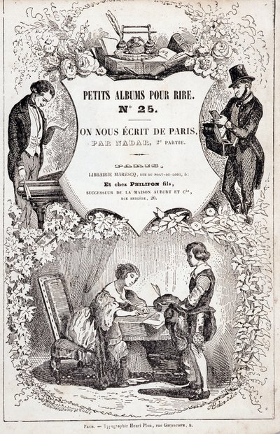 Frontispice af "Små albums til grin nummer 25. De skrev os fra Paris. Anden del”, 1850 (gravering) af Nadar