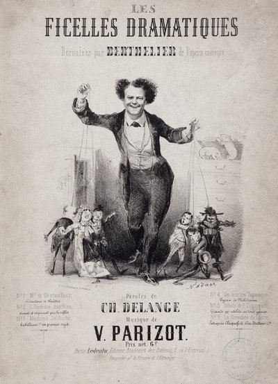 Portræt af Jean Berthelier (1830-1888) med dukkers sønner. Albummet "Les Ficelles Dramatiques deroulees af Berthelier de l