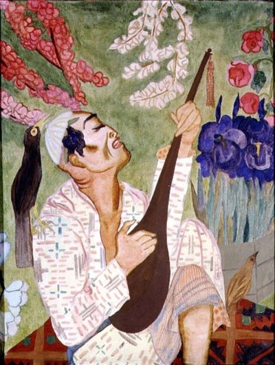 Japansk mand, der spiller en lut (olie på lærred) af Nadezhda Vladimirovna Lermontova