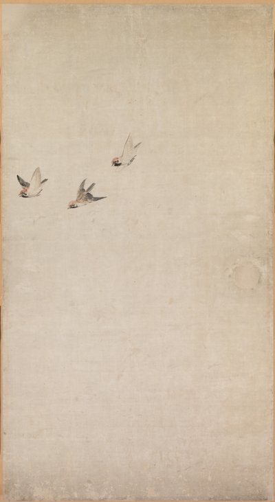 Hvalpe, spurve og krysantemum, 1754-1799. af Nagasawa Rosetsu