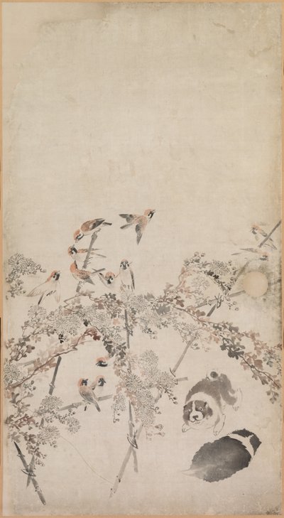 Hvalpe, spurve og krysantemum, 1754-1799. af Nagasawa Rosetsu