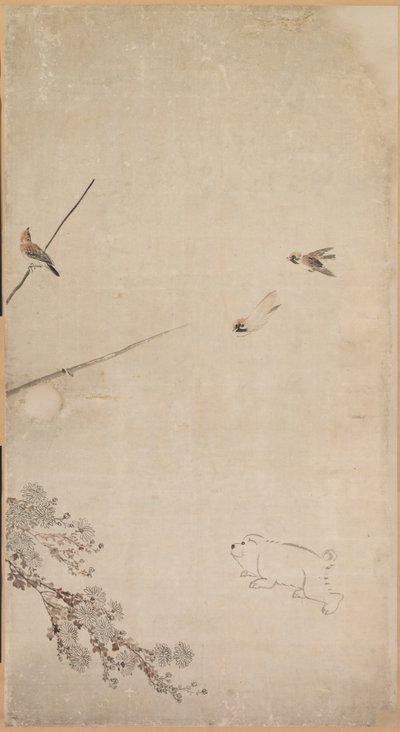 Hvalpe, spurve og krysantemum, 1754-1799. af Nagasawa Rosetsu