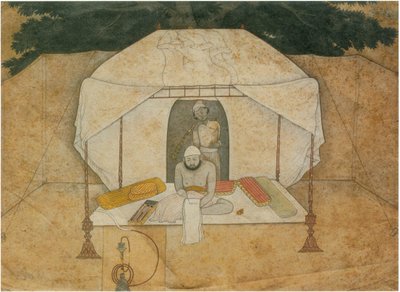 Balwant Singh sidder og skriver på en lejrseng af Nainsukh