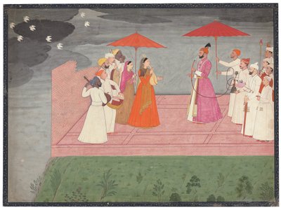 Musikere, der spiller en raga for Balwant Dev Singh i regntiden, ca. 1745-50 af Nainsukh