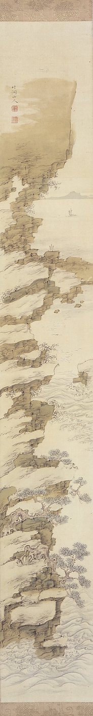 Cliffside Landskab med både (blæk og farve på silke) af Nakabayashi Chikkei