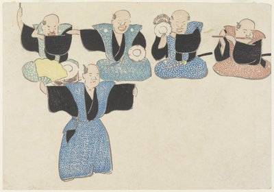 Danser og fire musikere, 1700-1800-tallet (træblok i farver) af Nakamura Hochu