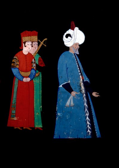 Portræt af den osmanniske sultan Soliman (Sukeyman) I den storslåede (1494-1566), alder, ledsaget af to bevæbnede vagter. Miniature af Haydar Reys Nigari (1462-1572) af Nakkep called Nigari Reis Haydar