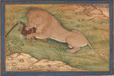 Perils of the Hunt, A Lion pounces on a Hunter, ca. 1615 (ugennemsigtigt wc på silke) af Nanha