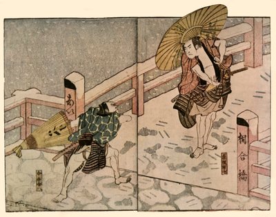Barfodede mænd med parasoller i sneen, 1811, 1924. af Naniwa Shunkosai