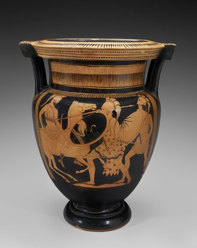 Terracotta-søjlekrater med rød figur med kampscene, 460-450 f.Kr. (terracotta) af Naples Painter (attr. to)