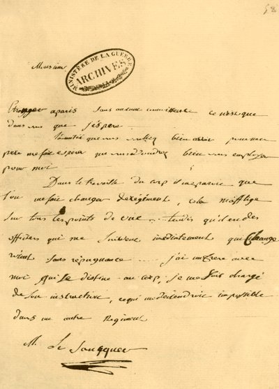 Brev fra Napoleon til Le Saucquer, krigsskriver, 3. juni 1791, 1921. af Napoleon Bonaparte I