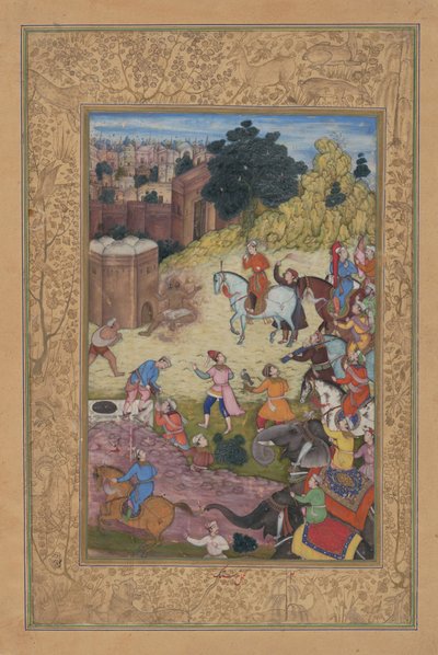 En badehusvogter fortæres af lidenskab for sin elskede, Folio fra en Khamsa..., 1597-98. af Nar Singh