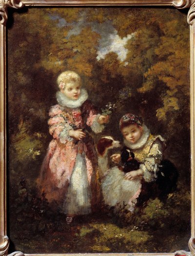 Børn og hunde Maleri af Narcissus Diaz de la Pena (1807-1876) (ec. de Barbizon) Søn. 0,32x0,24 m af Narcisse Virgile Diaz de la Peña
