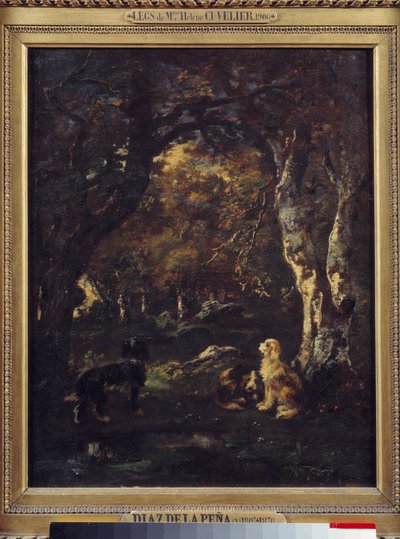 Dogs in the forest Painting by Narcissus Diaz de la Penadani af Narcisse Virgile Diaz de la Peña