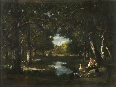 Mand og hund hviler i Forest Glade (olie på lærred) af Narcisse Virgile Diaz de la Peña
