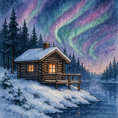 Sneklædt hytte og nordlys af Natalie Bruns