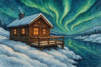 Vinterhytte og nordlys af Natalie Bruns