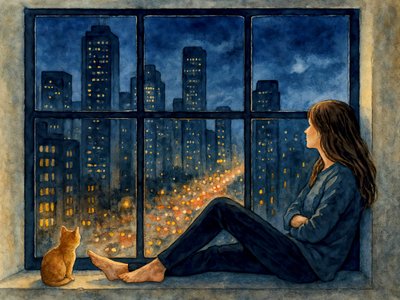 Kvinde, kat, by, vindue af Natalie Bruns