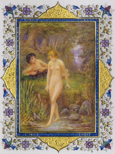 Illumineret side fra en bog med Shakespeare-sonetter med nøgen kvinde i pastoral fanta... af Nathan Benn