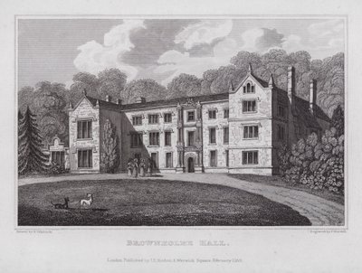 Brownholme Hall (gravering) af Nathaniel (after) Whittock