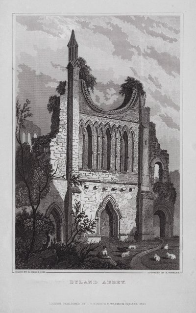 Byland Abbey (gravering) af Nathaniel (after) Whittock