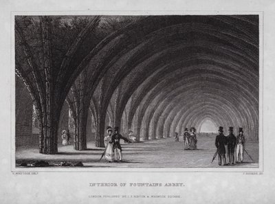 Interiør af Fountains Abbey (gravering) af Nathaniel (after) Whittock
