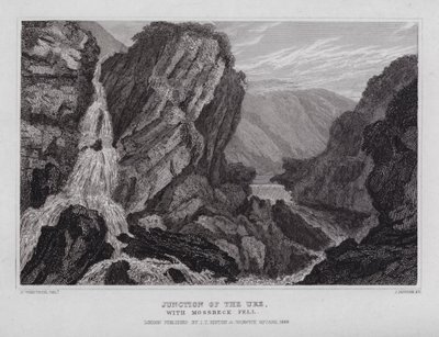 Junction of the Ure, med Mossbeck Fell (gravering) af Nathaniel (after) Whittock