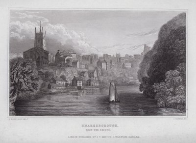 Knaresborough, fra broen (gravering) af Nathaniel (after) Whittock
