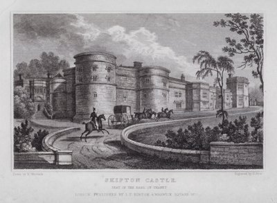 Skipton Castle, sæde for jarlen af Thanet (gravering) af Nathaniel (after) Whittock