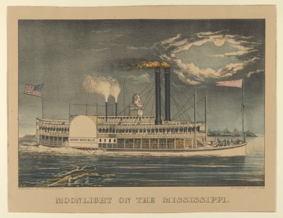 Måneskin på Mississippi, 1872-74., 1872-74. Skabere: Nathaniel Currier, James Merritt Ives, Currier og Ives. af Currier and Ives