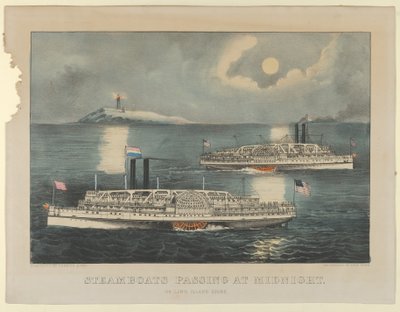 Dampbåde passerer ved midnat - On Long Island Sound, 1872-74., 1872-74. Skabere: Nathaniel Currier, James Merritt Ives, Currier og Ives. af Currier and Ives
