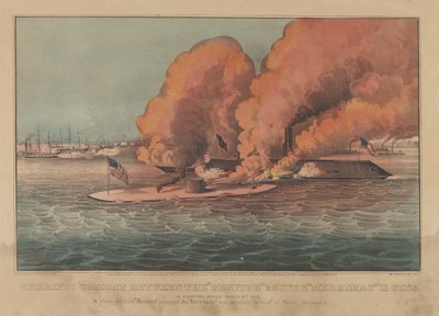 Fantastisk kamp mellem Monitor 2 Guns & Merrimac 11 Guns - In Hampton Roads marts..., 1862. Skabere: Nathaniel Currier, James Merritt Ives, Currier og Ives. af Currier and Ives