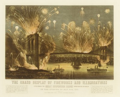 The Grand Display of Fireworks and Illuminations at the Opening of the Great Suspension Br..., 1883. Skabere: Nathaniel Currier, James Merritt Ives, Currier og Ives. af Currier and Ives