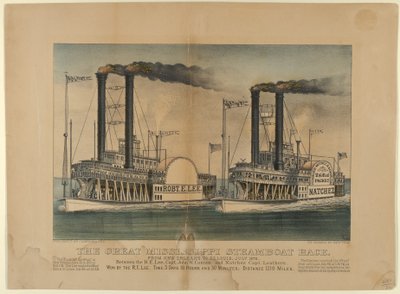 The Great Mississippi Steamboat Race - Fra New Orleans til St. Louis, juli 1870 - Mellem t..., 1872-74. Skabere: Nathaniel Currier, James Merritt Ives, Currier og Ives. af Currier and Ives