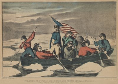 Washington krydser Delaware - aften før slaget ved Trenton, december ..., 1857-71. Skabere: Nathaniel Currier, James Merritt Ives, Currier og Ives. af Currier and Ives