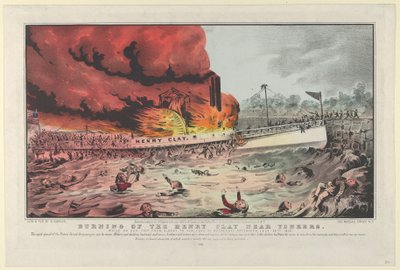 Afbrænding af Henry Clay nær Yonkers, mens hun var på tur fra Albany til New York onsdag..., 1852. af Nathaniel Currier