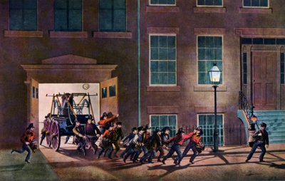 Nattealarmen, en brandmands liv, 1854. af Nathaniel Currier