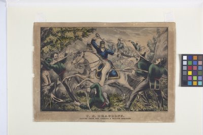 U.S. Dragoons, der skærer sig vej gennem en mexicansk ambuscae (håndfarvet litografi) af Nathaniel Currier