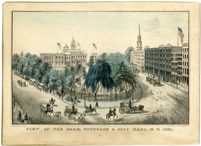 Udsigt over parken, springvandet og rådhuset, New York 1851, 1851 af Nathaniel Currier