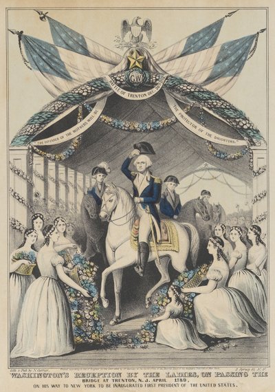 Washingtons modtagelse af damerne ved at passere broen i Trenton, N.J., april 1789, o..., 1845. af Nathaniel Currier