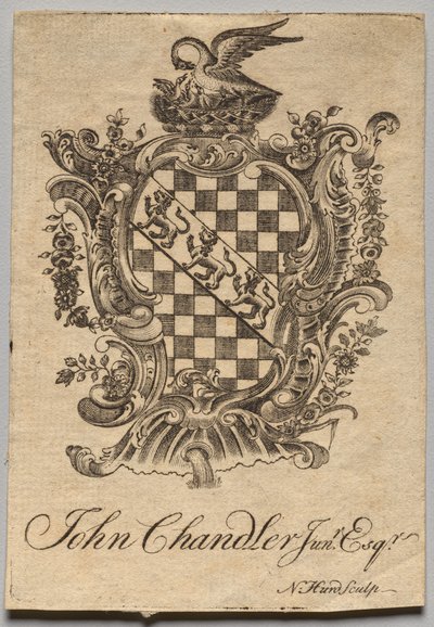 Bogskilt: Våbenskjold med John Chandler Jun.r, Esq. indskrevet af Nathaniel Hurd