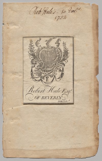 Bogplade: Våbenskjold med Robert Hale, Esq. indskrevet af Nathaniel Hurd