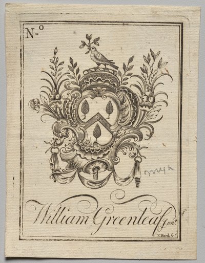 Bogplade: Våbenskjold med William Greenleaf Jun.r påskrevet af Nathaniel Hurd