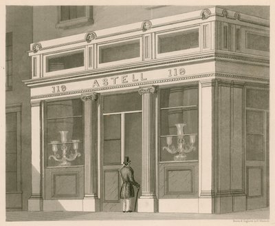Butiksfacade til Astell, Wine and Spirit Warehouse, Grafton Street, Tottenham Court Road af Nathaniel Whittock
