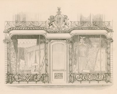 Butiksfront for Mrs Saunders og Woodley, Polsterere, Regent Street, London af Nathaniel Whittock